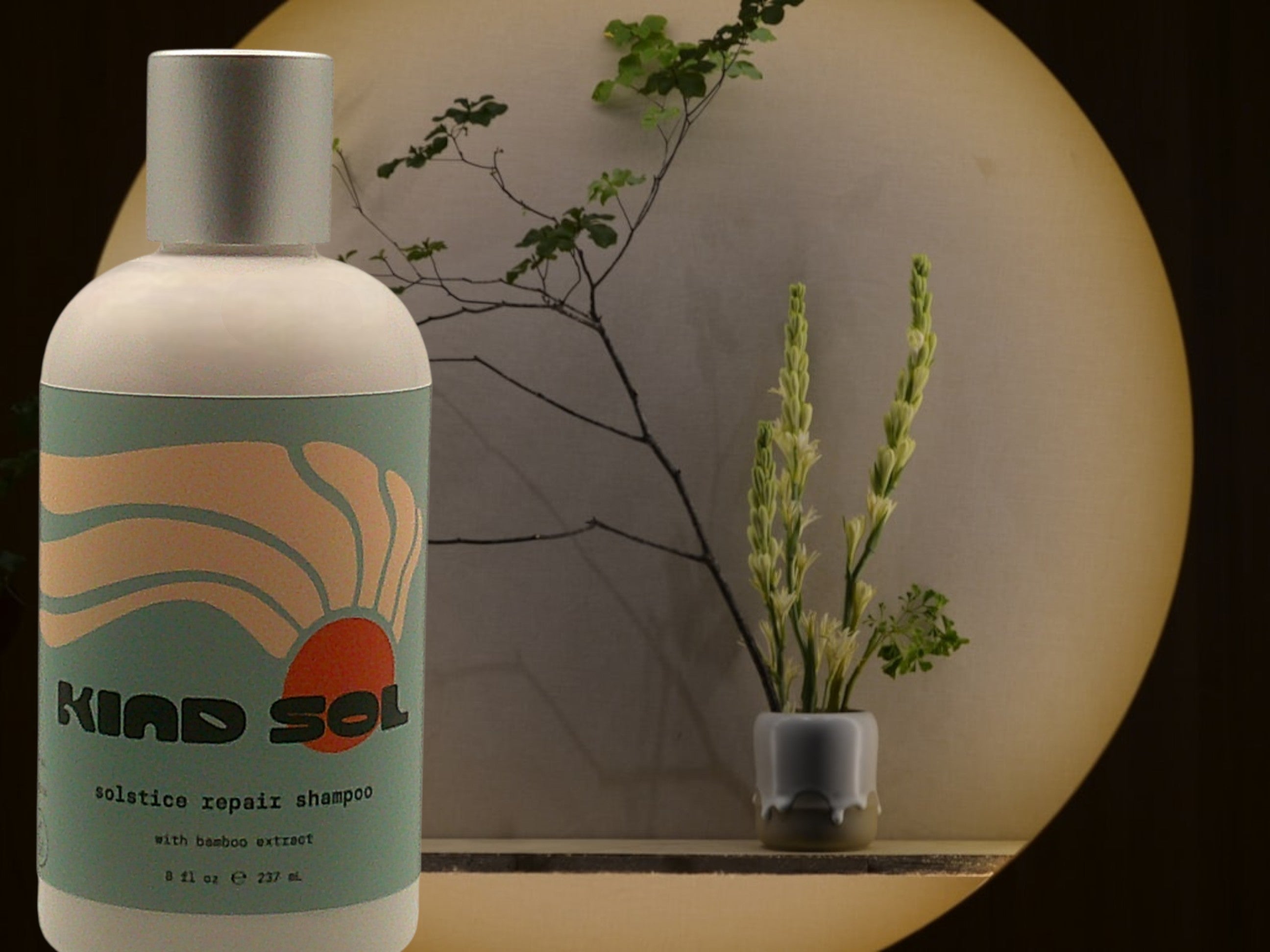 Bottle of Kind Sol shampoo with a decorative plant in the background