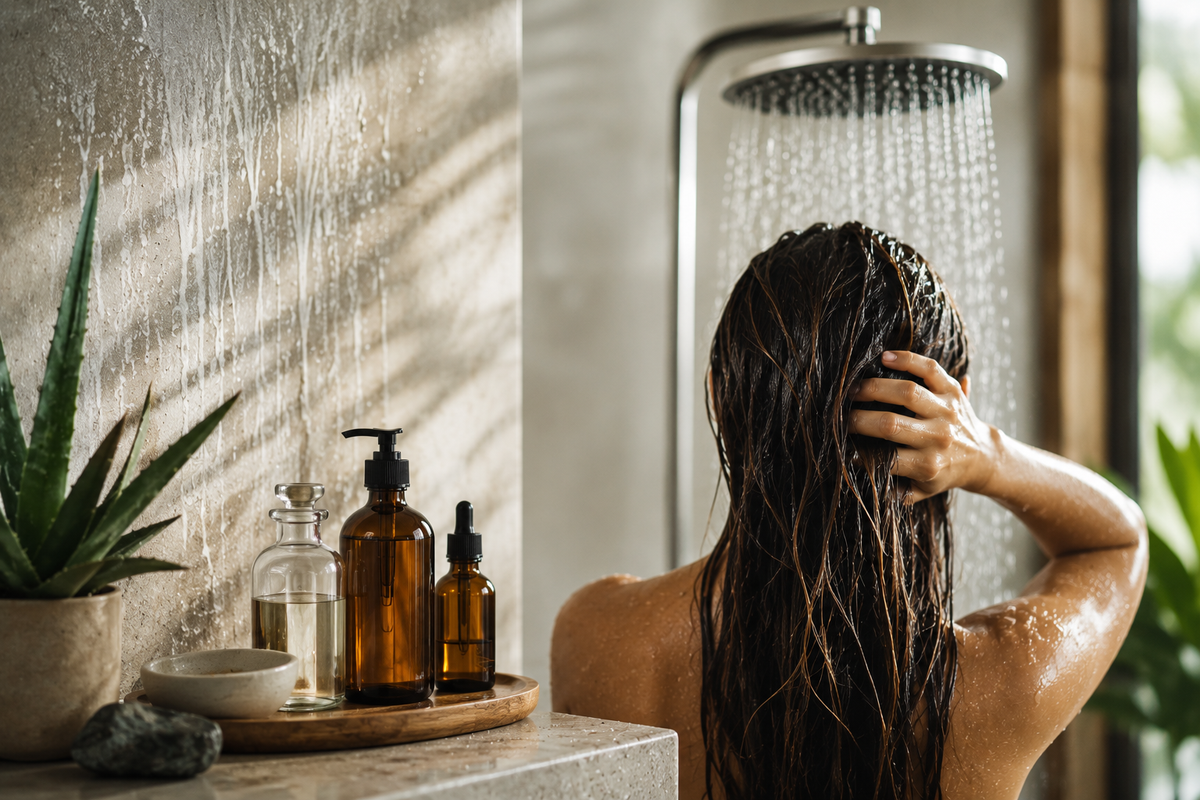 women washing hair in hard water