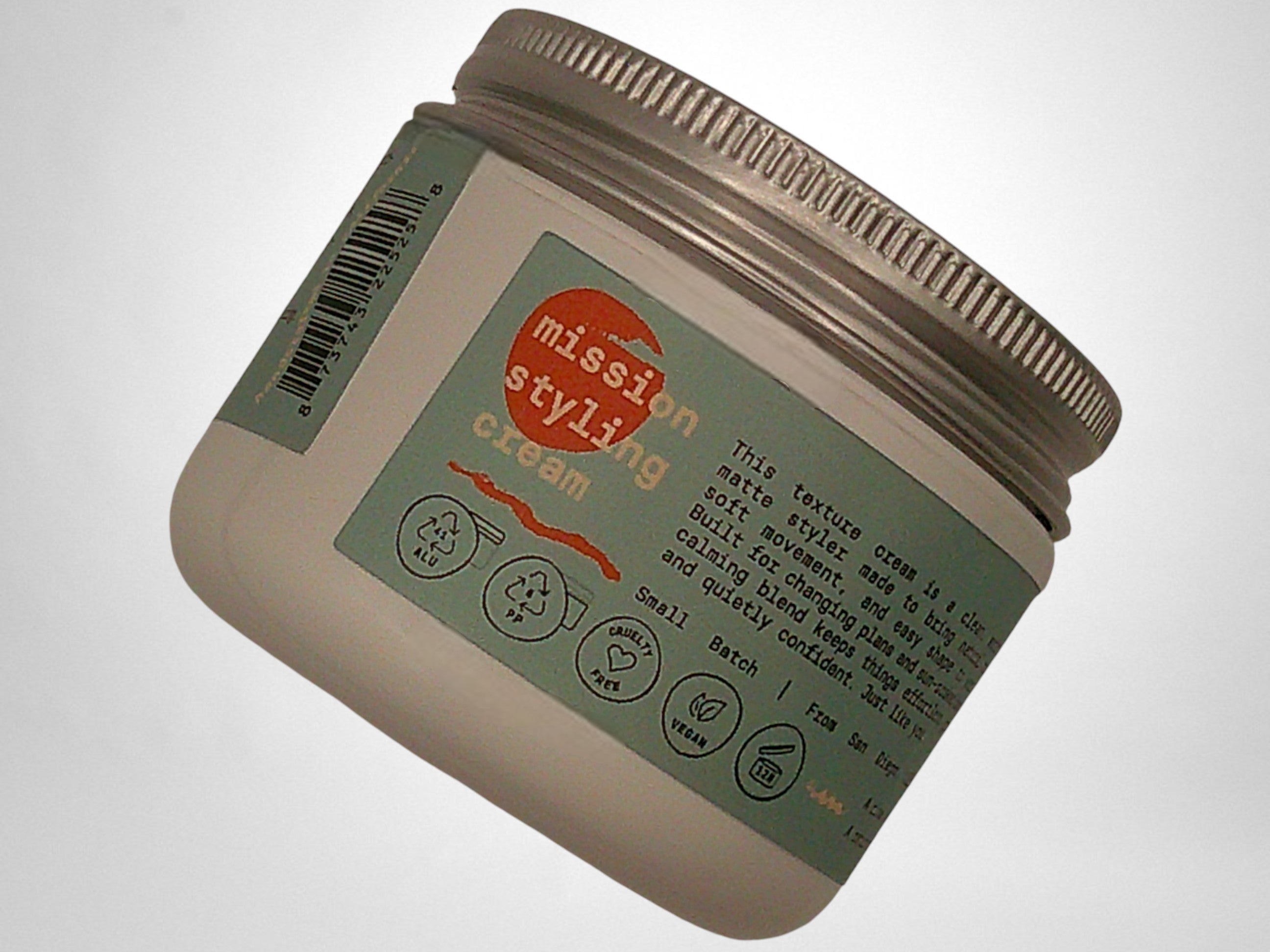 Jar of Mission Styling Cream with a kind sol label on a white background